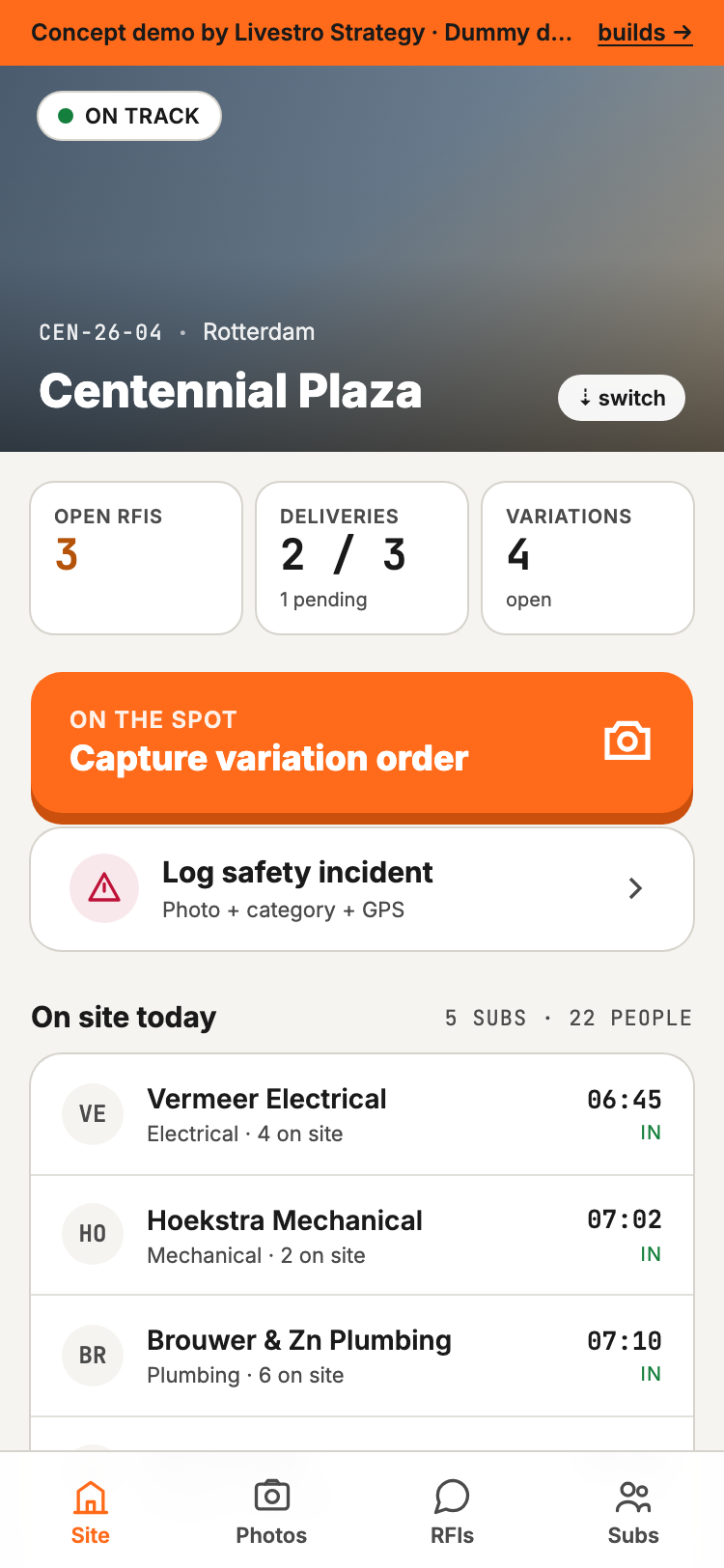 Sitewise — site supervisor's home screen with the hi-viz orange Capture-variation primary action.