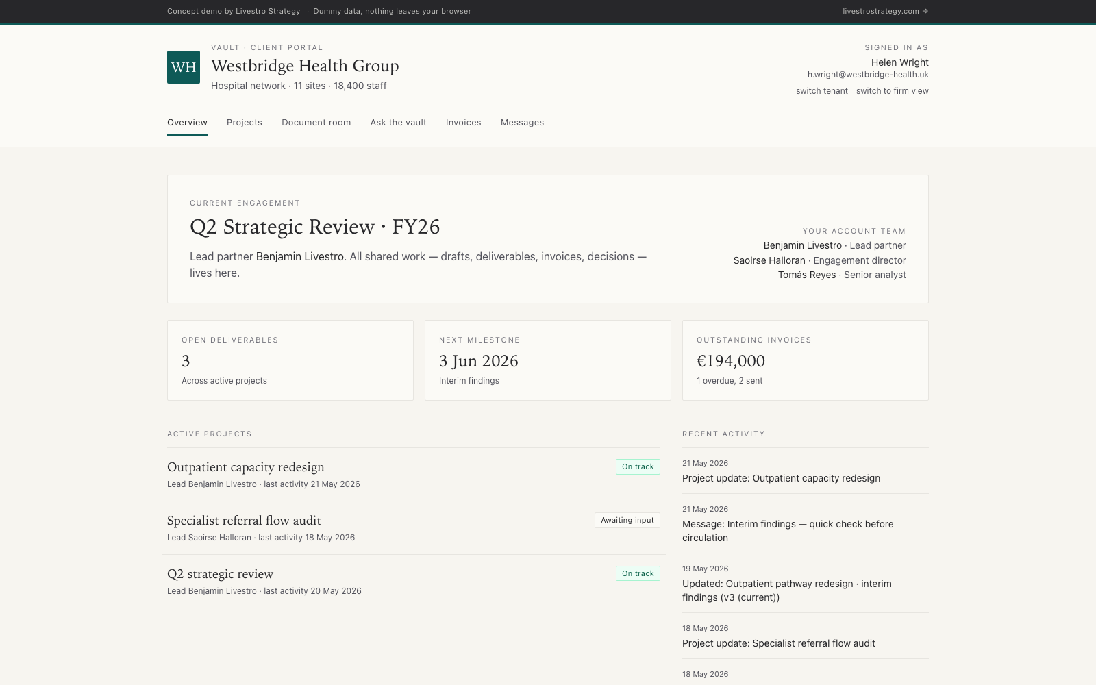 Vault — tenant landing page with Westbridge Health's teal accent applied.
